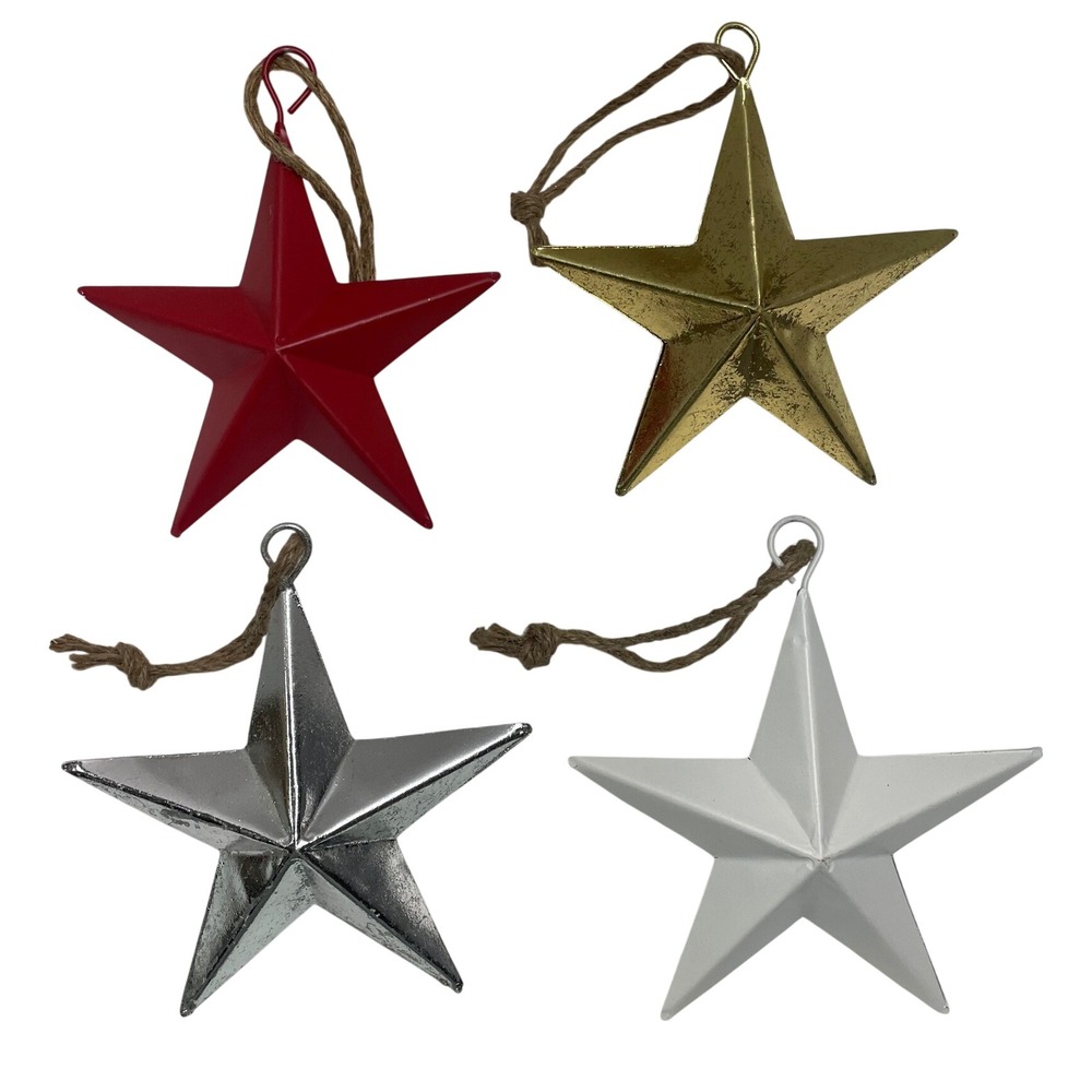 Rustic 9" Metal Star Ornaments Red White Gold Silver Farmhouse Decor Set of 4